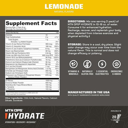 MTN OPS Hydrate Electrolytes Powder Drink Mix, 20 Single Serving On-The-Go Electrolyte Packs with