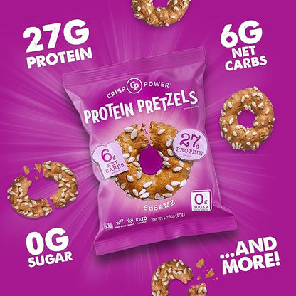 Crisp Power Protein Pretzels, Sesame, High Protein Vegan Keto Snack, 27 G Plant Based Protein, Low