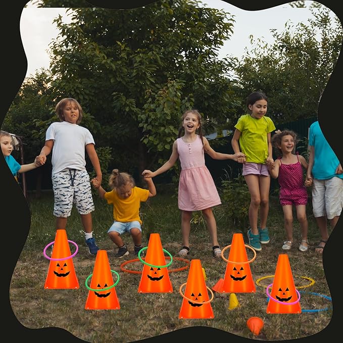 24 PcsHalloween Ring Toss Game Outdoor Carnival Party Games Include 6 Plastic Cones 18 Toss Rings