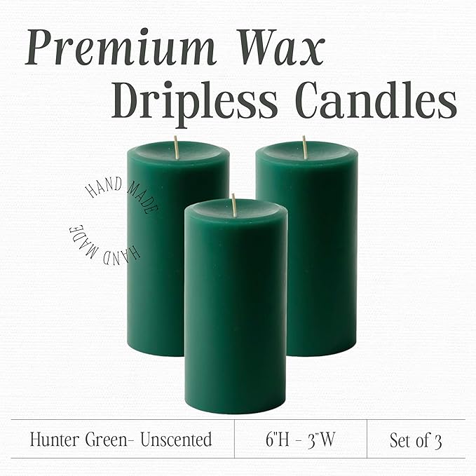 Mister Candle Dripless Unscented Pillar Candles, Set of 3 Hand Poured Hunter Green Pillar Candles