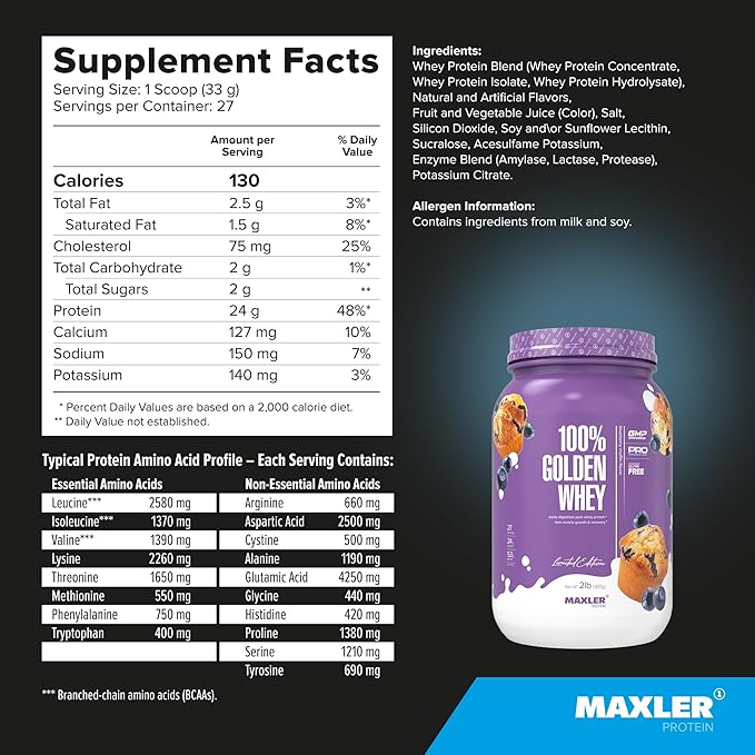 Maxler 100% Golden Whey Protein - 24g of Protein per Serving - Premium Whey Protein Powder for Pre