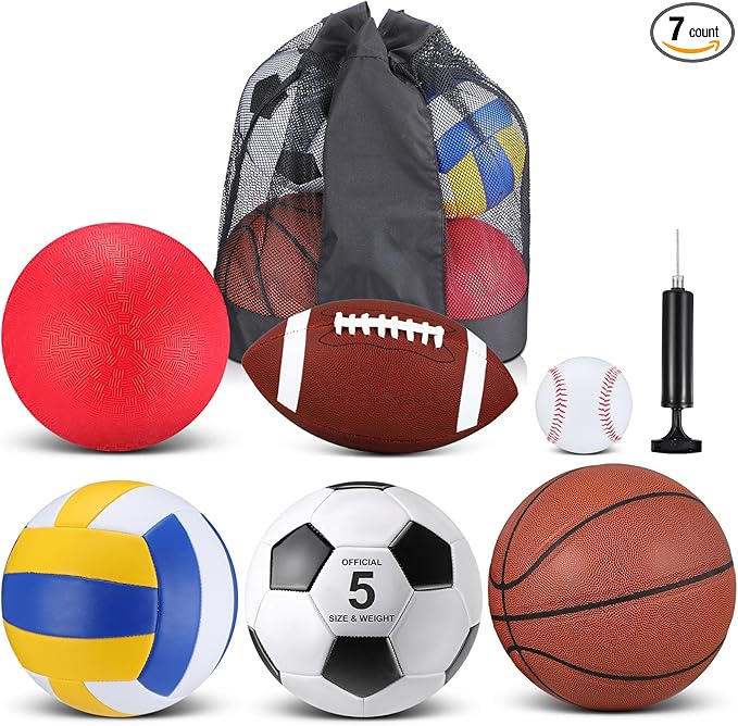 Libima 6 Pcs Multi Sport Ball Set Official Size Football, Basketball, Soccer, Volleyball