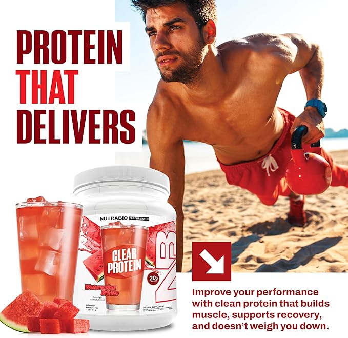 NutraBio Clear Protein Powder, Watermelon Breeze - 20 Servings, 20g Clear Whey Protein Isolate, 0