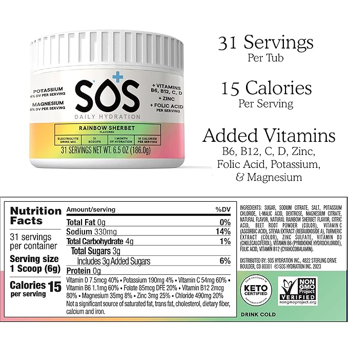 SOS Hydration Electrolyte Drink Mix (31 Servings) – Low Sugar, 15 Calorie, Keto-Friendly & Rapid