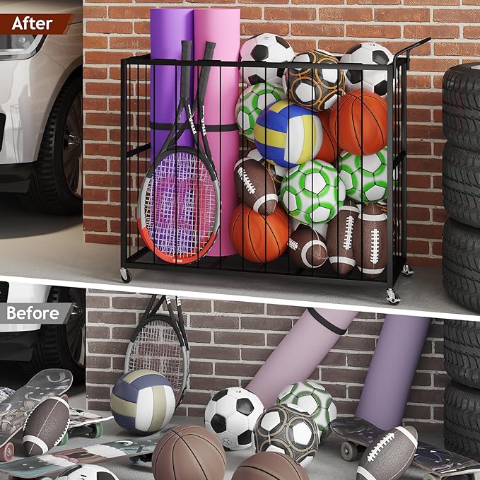Ball Storage Bin Rolling Sports Ball Cart, Metal Garage Organizer Sport Rack, Ball Basket Storage