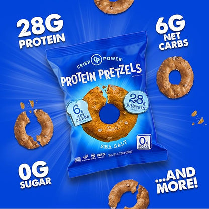 Crisp Power Protein Pretzels, Sea Salt, High Protein Vegan Keto Snack, 28 G Plant Based Protein
