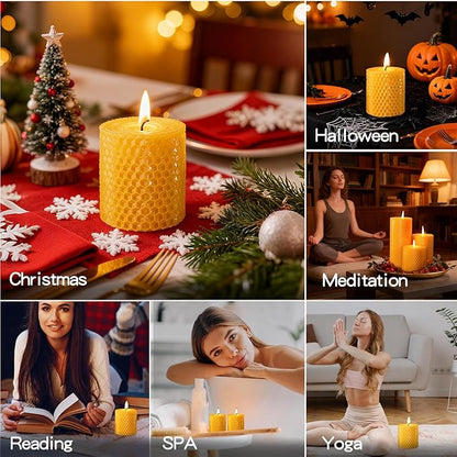 Hand-Rolled Beeswax Candles,2.8x3in-3PCS,All Natural Honeycomb Beeswax Pillar Candles,72 Hours Long