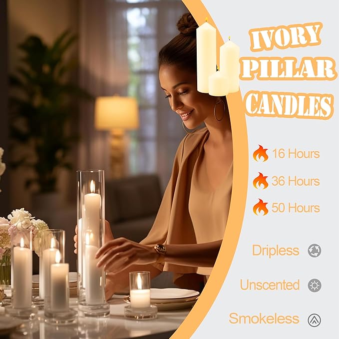 36 Pcs Ivory Pillar Candles Bulk Set，Hurricane Candlesï¼? Different Lengths (12 Each)，Dripless