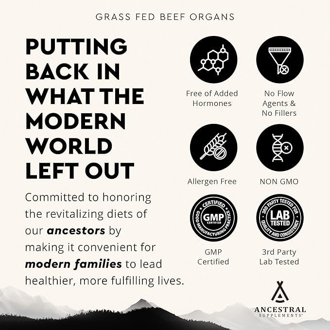 Ancestral Supplements Grass Fed Beef Organ Supplement, Supports Whole Body Wellness with