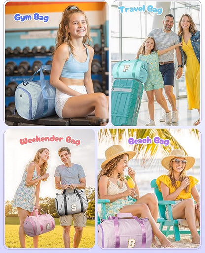 Gift for 4 5 6 7 8 9 Year Old Girls,Girl Gym Bag, Kids Initial Overnight Duffel Bags with Shoe