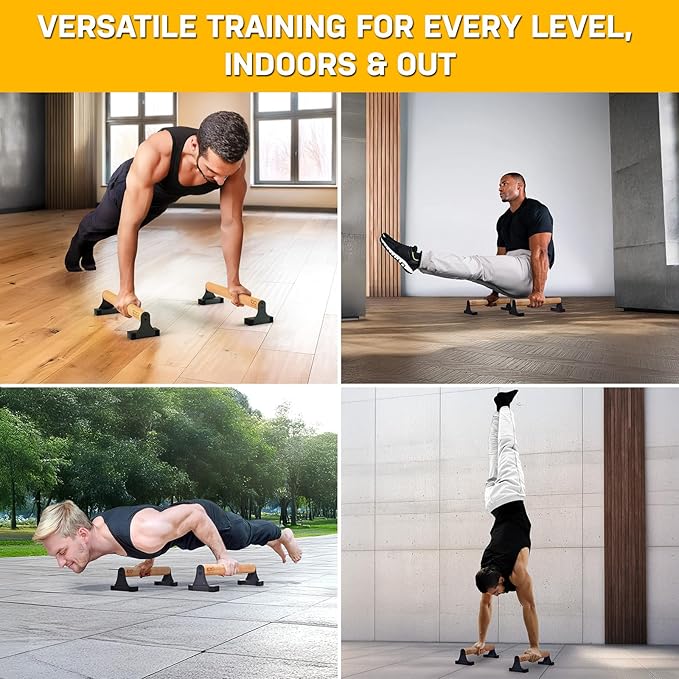 Double Circle Parallettes Push Up Bar with Ergonomic Wooden Handles - Calisthenics Equipment