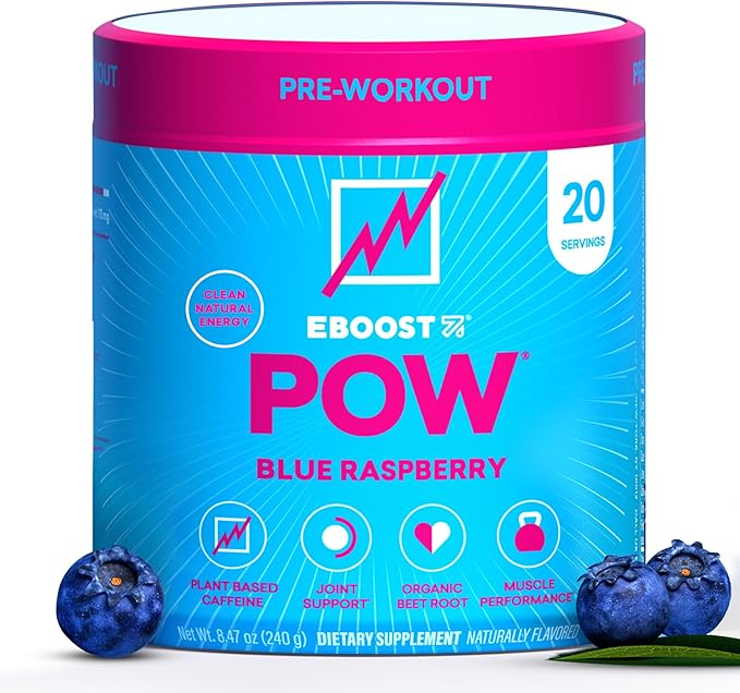 EBOOST POW Natural Pre Workout Powder ??20 Servings - Blue Raspberry - A PreWorkout Supplement for