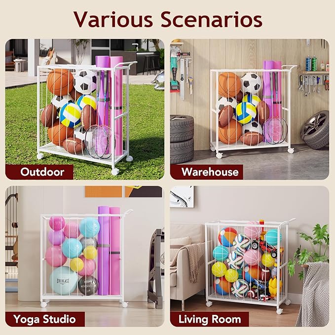Ball Storage Bin Rolling Sports Ball Cart, Metal Garage Organizer Sport Rack, Ball Basket Storage