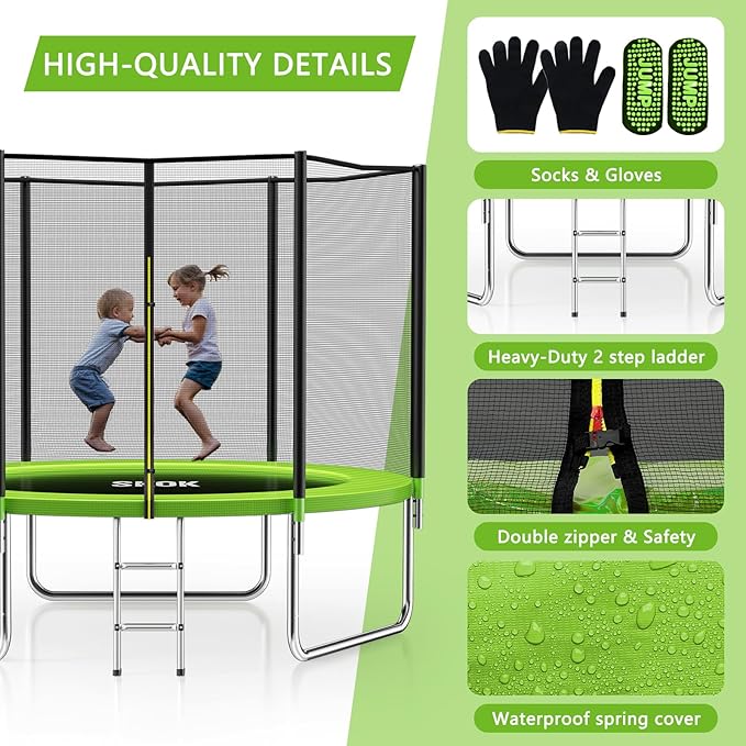 SKOK Trampoline 8FT 10FT 12FT 14FT 15FT Trampolines with Enclosure Net, 400LBS Outdoor Trampolines