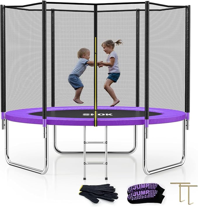 SKOK Trampoline 8FT 10FT 12FT 14FT 15FT Trampolines with Enclosure Net, 400LBS Outdoor Trampolines
