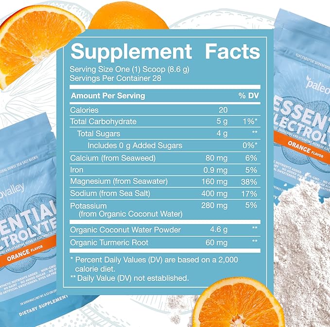 Paleovalley Essential Electrolytes Powder - Full Spectrum Orange Electrolyte Powder for Hydration