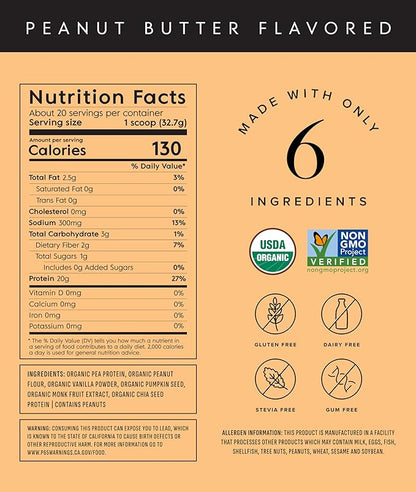 Truvani Vegan Pea Protein Powder | Peanut Butter | 20g Organic Plant Based Protein | 20 Servings |