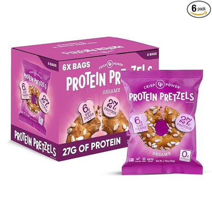Crisp Power Protein Pretzels, Sesame, High Protein Vegan Keto Snack, 27 G Plant Based Protein, Low