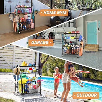 PLKOW Sports Equipment Organizer - Garage Storage Rack with Basket and Hooks, Ball Storage, Toy and