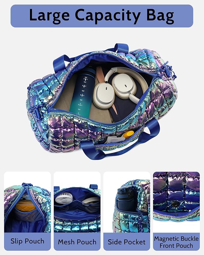 Quilted Duffel Bag for Women, Puffer Gym Duffle Bag with Shoe Compartment Lightweight Large