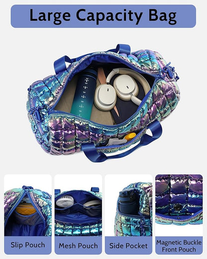 Quilted Duffel Bag for Women, Puffer Gym Duffle Bag with Shoe Compartment Lightweight Large