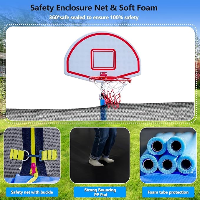 Upgraded 16FT 15FT 14FT 12FT 10FT 8FT Trampoline Outdoor with Basketball Hoop and Net, Capacity for