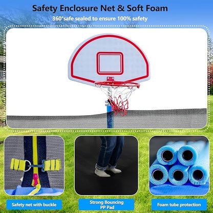 Upgraded 16FT 15FT 14FT 12FT 10FT 8FT Trampoline Outdoor with Basketball Hoop and Net, Capacity for
