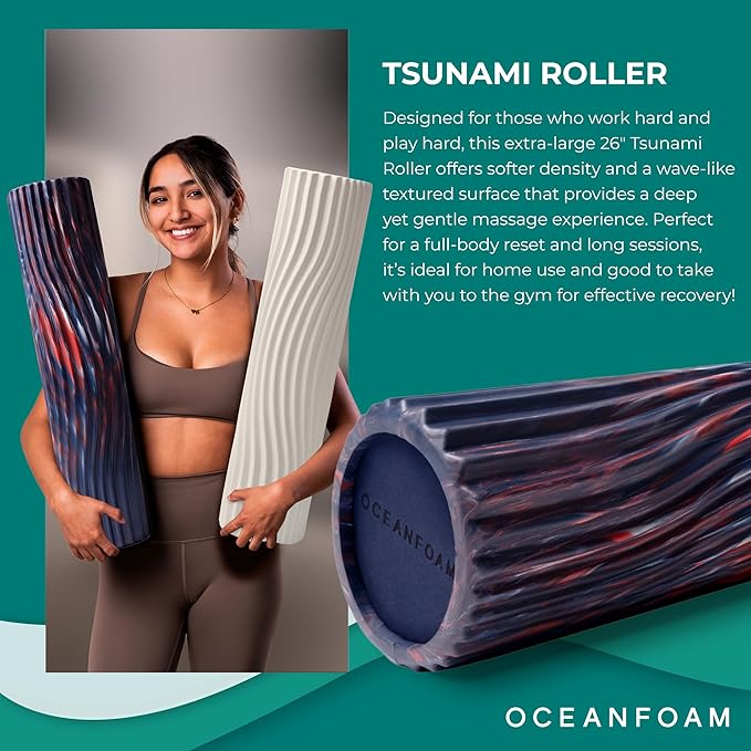 Oceanfoam Tsunami Roller (Dark Navy, Red & Natural Marbled) - Soft, Textured Foam Roller for
