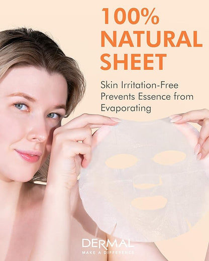 DERMAL Apricot Collagen Essence Korean Facial Mask Sheet Pack of 10 - Nourishing, Revitalizing