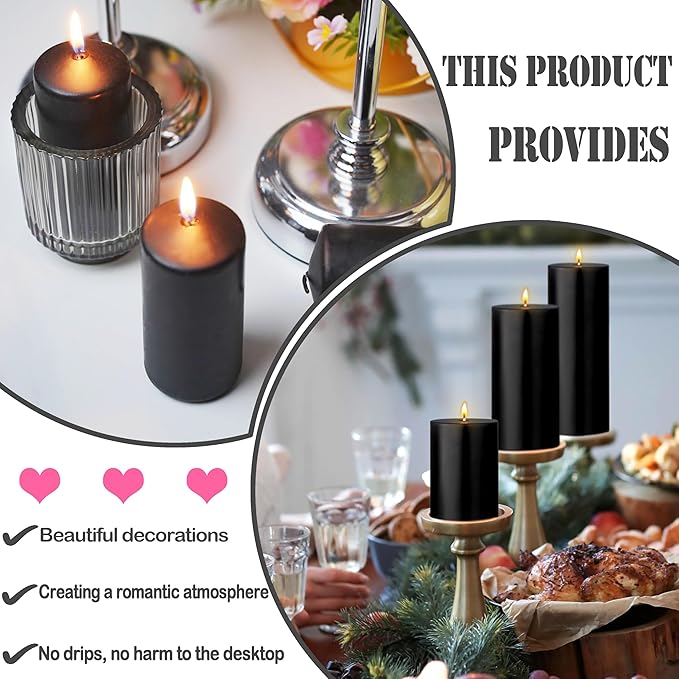 36 Pcs Black Pillar Candles Bulk Set，Hurricane Candlesï¼? Different Lengths (6 Each)，Dripless