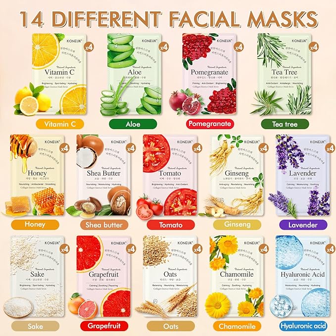 56 Pack Sheet Face Masks Skincare for Women, Hydrating Face Masks Suitable for Sensitive Skin, Bulk