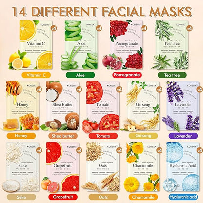 56 Pack Sheet Face Masks Skincare for Women, Hydrating Face Masks Suitable for Sensitive Skin, Bulk