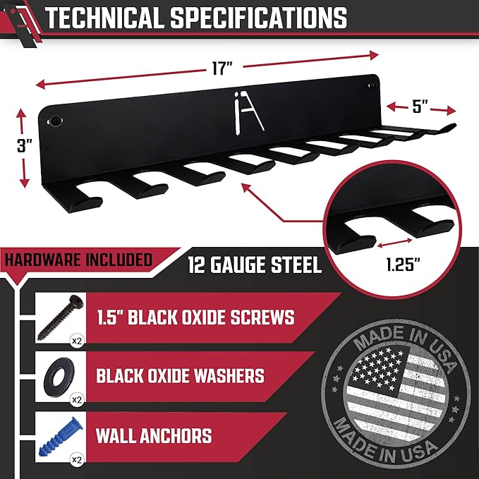 IRON AMERICAN USA Omega Gym Storage Rack 9 OR 11 Hook Heavy-Duty Gym Wall Organizer Gym Caddy