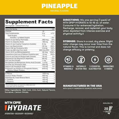 MTN OPS Hydrate Electrolytes Powder Drink Mix, 20 Single Serving On-The-Go Electrolyte Packs with