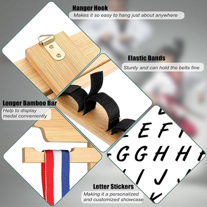 JUXYES Wall Hanging Martial Arts Belts Organizer for 10 Belts with Medal Hanger and Stickers