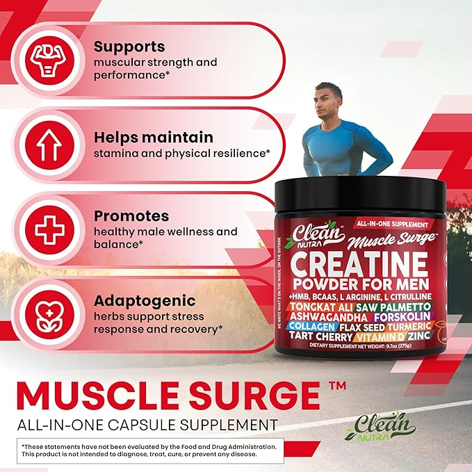 Clean Nutra Creatine Powder for Men + HMB BCAA L Arginine L Citrulline Tongkat Ali Saw Palmetto