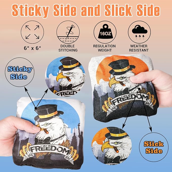 EunHo Cornhole Bags Regulation Dual Sided Set of 8, Professional Cornhole Bean Bags Slick & Sticky