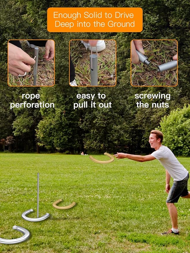NQV Horseshoe Outdoor Game Set ?“Horse Shoe Game Kit,Sports Horseshoes Sets, Includes 4 Steel