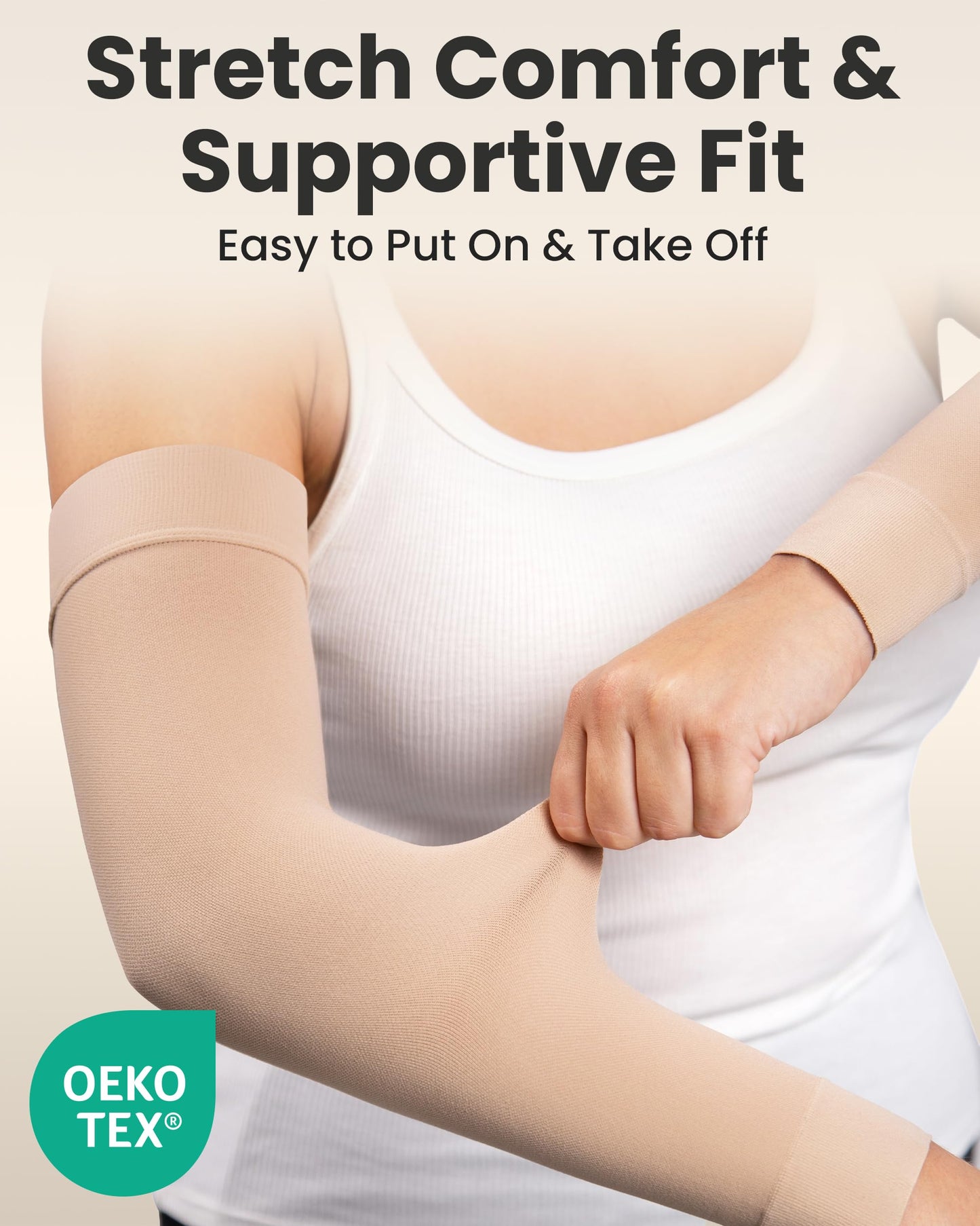 KEMFORD Lymphedema Compression Arm Sleeves for Women - 15-20 mmHg, Silicone Grip, 1 Pair, Beige