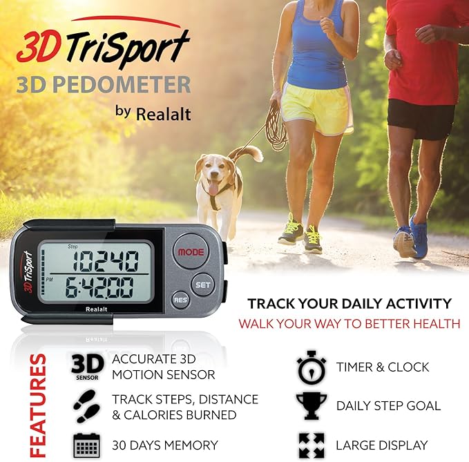 3DTriSport Walking 3D Pedometer with Clip & Strap, eBook Included | 30 Days Memory, Accurate Step