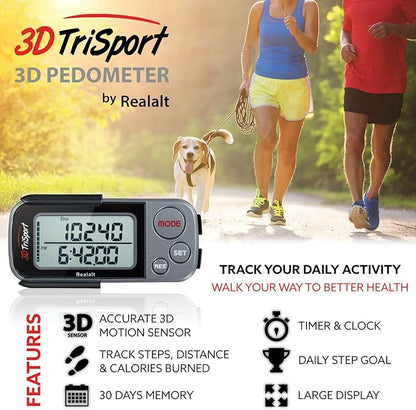 3DTriSport Walking 3D Pedometer with Clip & Strap, eBook Included | 30 Days Memory, Accurate Step