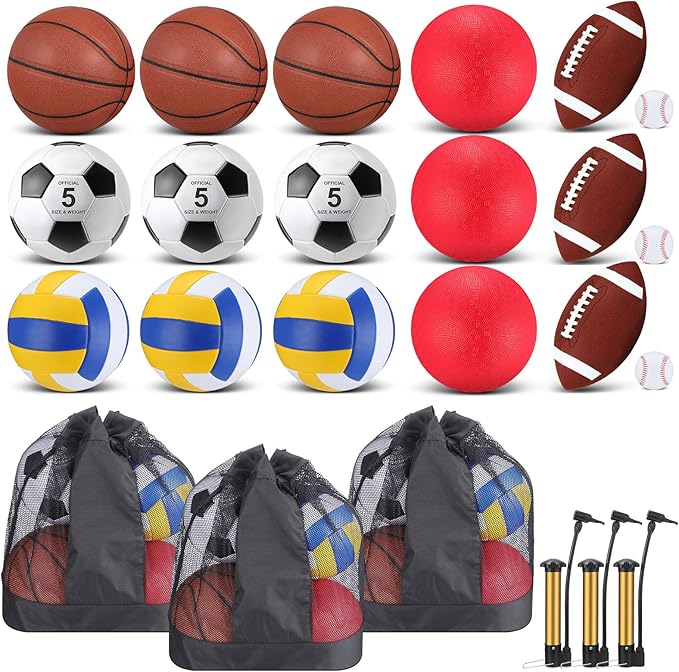 Leyndo 18 Pcs Sport Balls Bulk Set Basketball Football Volleyball Soccer Playground Baseball with