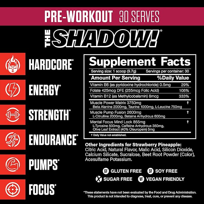 JNX SPORTS The Shadow! 350mg of Caffeine Hard Core Preworkout - Strawberry Pineapple 30 Servings |