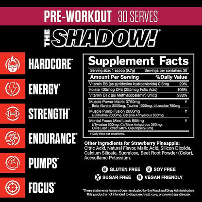 JNX SPORTS The Shadow! 350mg of Caffeine Hard Core Preworkout - Strawberry Pineapple 30 Servings |