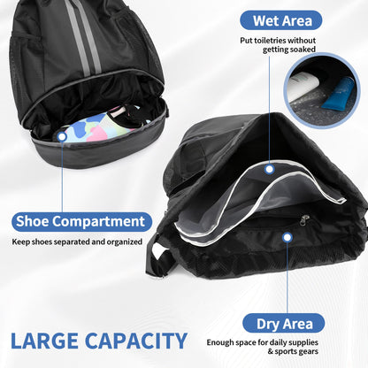 JELUTAR Drawstring Backpack Gym Bag with Shoes Compartment, Black