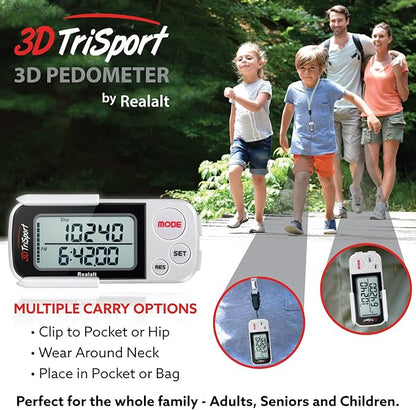 3DTriSport Walking 3D Pedometer with Clip & Strap, eBook Included | 30 Days Memory, Accurate Step