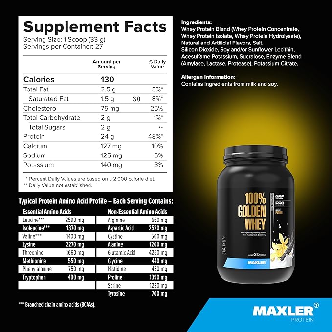 Maxler 100% Golden Whey Protein - 24g of Protein per Serving - Premium Whey Protein Powder for Pre
