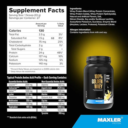 Maxler 100% Golden Whey Protein - 24g of Protein per Serving - Premium Whey Protein Powder for Pre