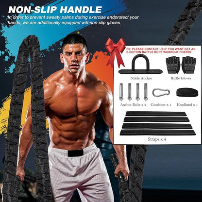 Battle Rope Workout Equipment 1.5 Inch Diameter 30FT Exercise Heavy Weighted Diameter Battle Rope