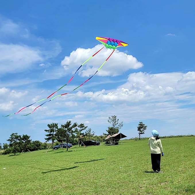Beach Kites for Adults Large with Long Tail, 98 inches Super Easy Flyer 3D Rainbow Box Kites, Comes
